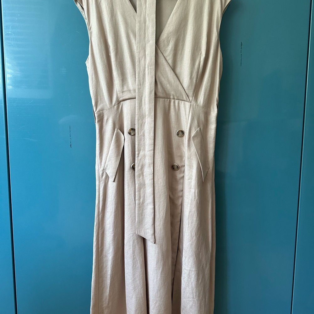 Linen Beige Belted Dress with Slit